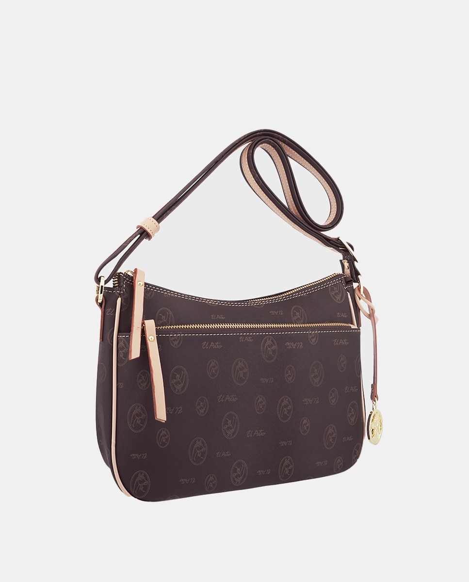 Mala a Tiracolo Média com Estampado de Logótipos e Bolso à Frente - Castanho Castanho-2