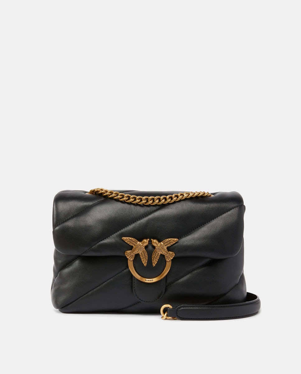 Mala a Tiracolo Classic Love Média com Aba e em Pele - Preto Preto-1