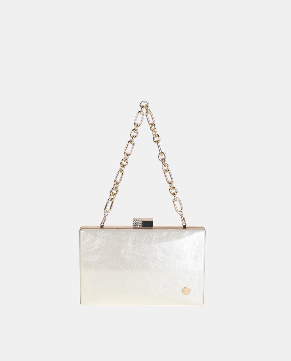 Mala Clutch Retangular com Acabamento Madrepérola e Tabatier de Metal com Detalhes de Mini Cristais - Cor de Marfim Branco-1