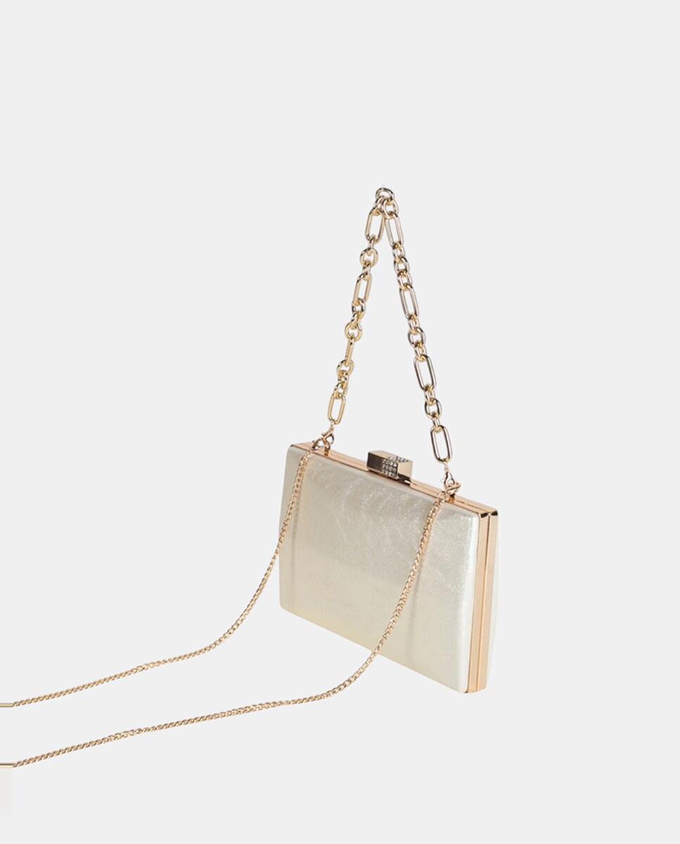 Mala Clutch Retangular com Acabamento Madrepérola e Tabatier de Metal com Detalhes de Mini Cristais - Cor de Marfim Branco-2