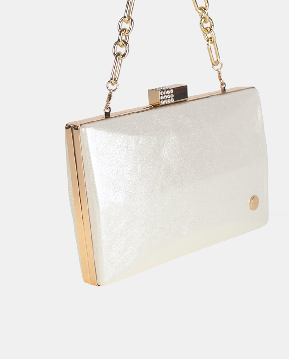 Mala Clutch Retangular com Acabamento Madrepérola e Tabatier de Metal com Detalhes de Mini Cristais - Cor de Marfim Branco-3