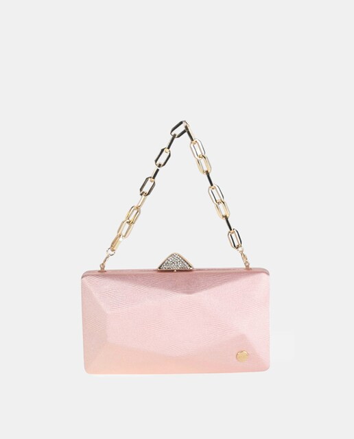 Imagen 0 de Clutch de forma rectangular forrado en satén grabado de color nude y boquilla con tabatier de metal .