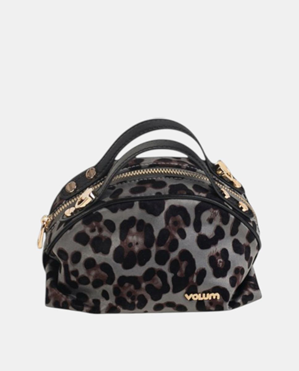 Mala de Mão em Animal Print de Leopardo com Fecho de Correr Metálico Cinzento-1
