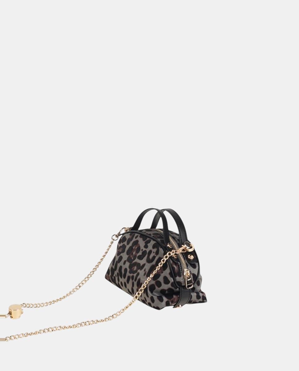 Mala de Mão em Animal Print de Leopardo com Fecho de Correr Metálico Cinzento-2