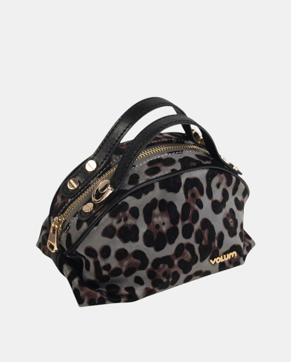 Mala de Mão em Animal Print de Leopardo com Fecho de Correr Metálico Cinzento-3