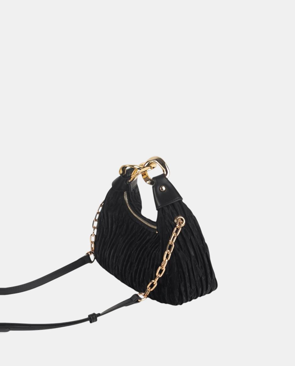 Mala de Mão em Tecido às Pregas com Textura e Fecho de Correr Metálico Preto-2