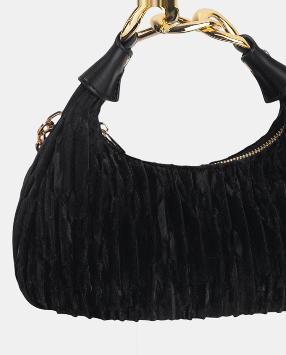 Mala de Mão em Tecido às Pregas com Textura e Fecho de Correr Metálico Preto-3