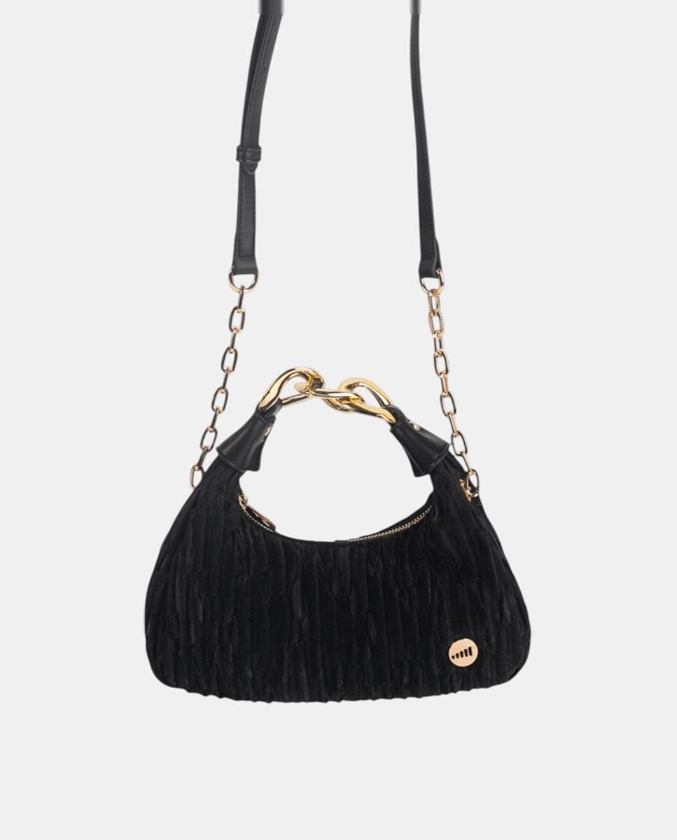 Mala de Mão em Tecido às Pregas com Textura e Fecho de Correr Metálico Preto-4