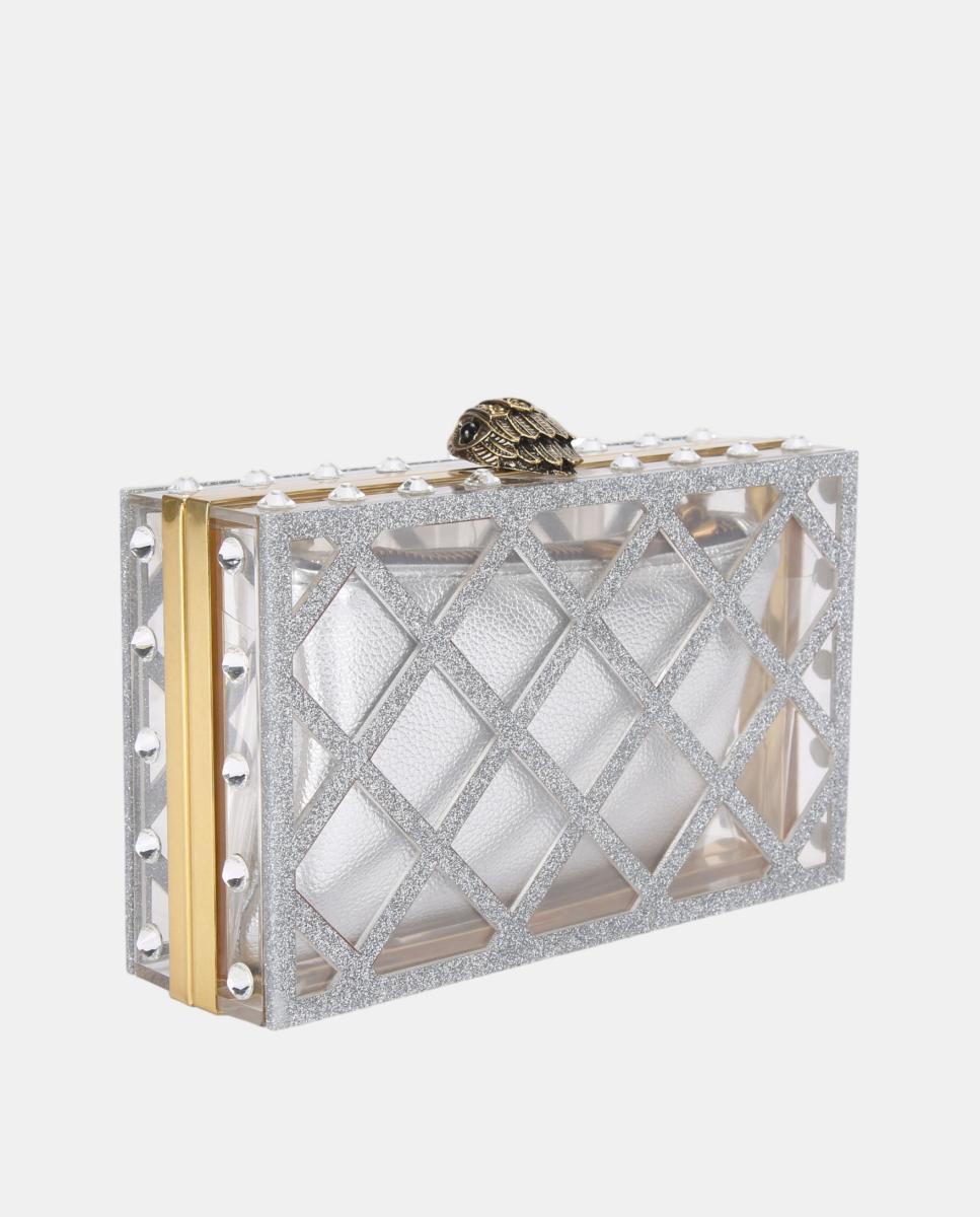 Mala Clutch de Festa Transparente com Adornos Prata-3
