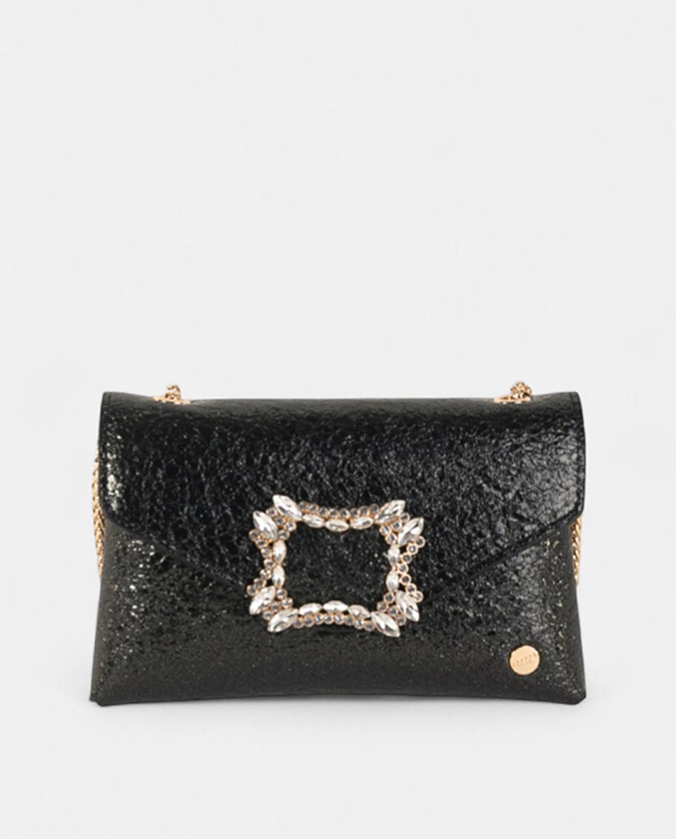 Mala Clutch de Festa Pequena, em Material Sintético Metalizado com Fecho de Cristais e Alça de Corrente Ajustável Preto-1