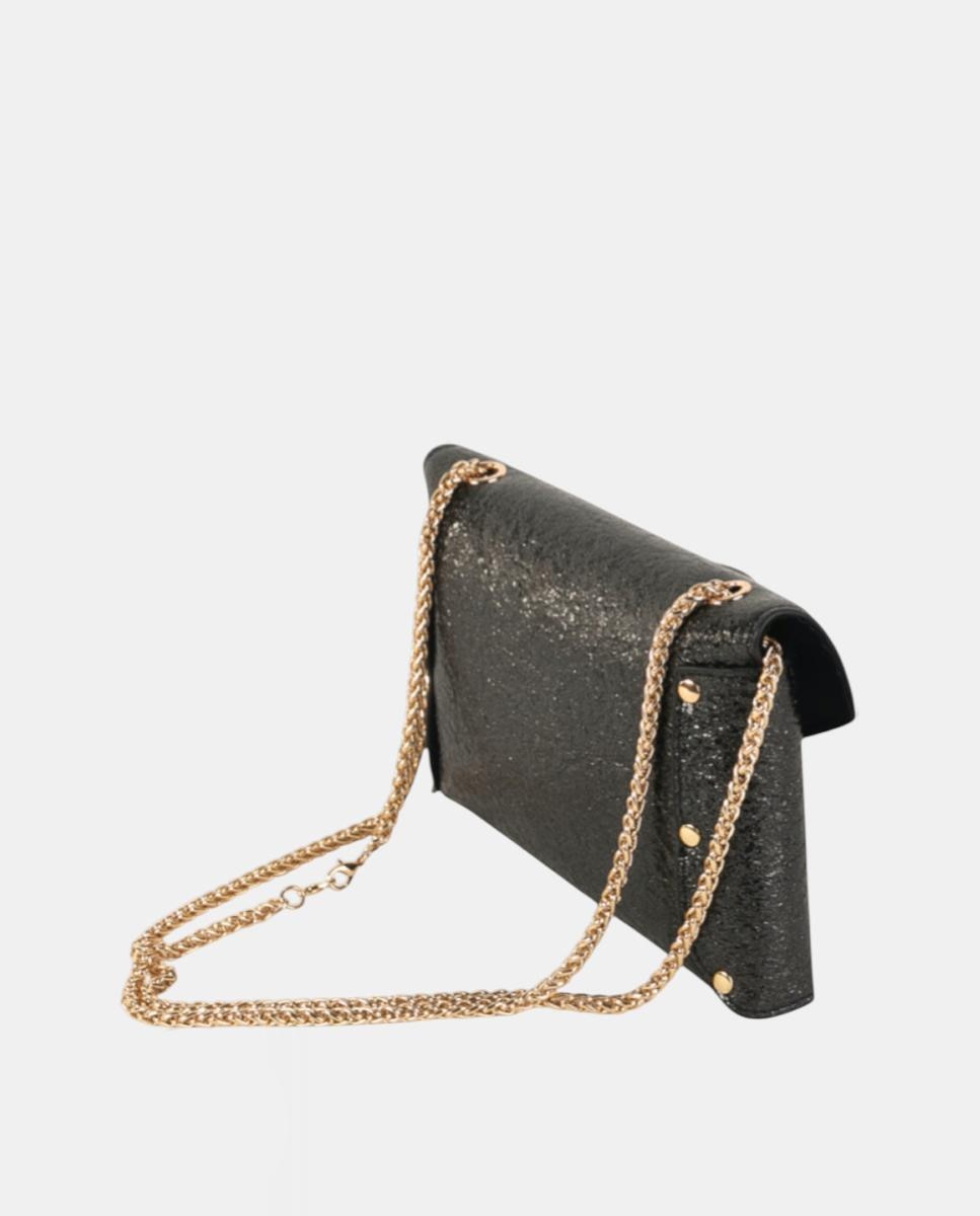 Mala Clutch de Festa Pequena, em Material Sintético Metalizado com Fecho de Cristais e Alça de Corrente Ajustável Preto-2