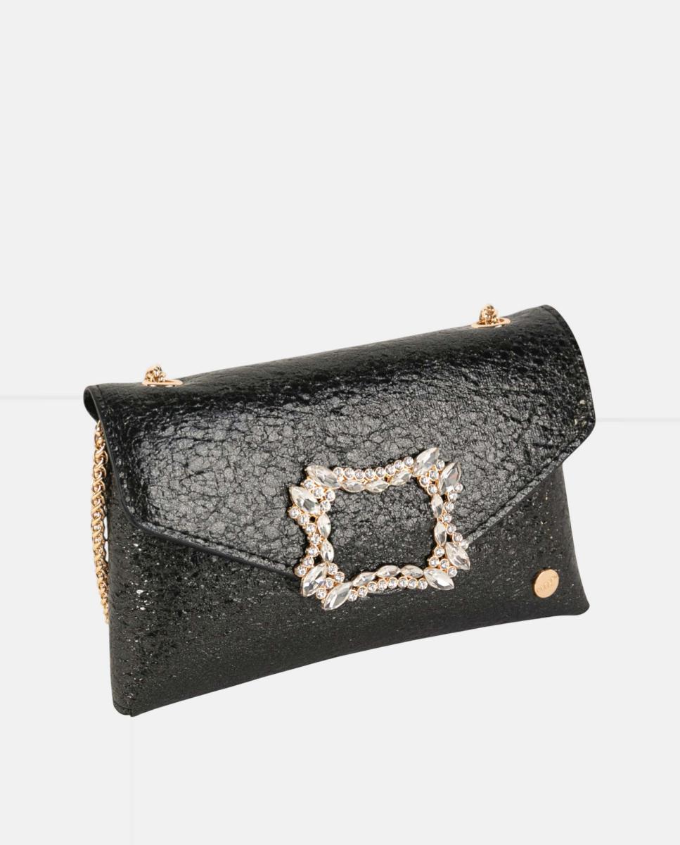 Mala Clutch de Festa Pequena, em Material Sintético Metalizado com Fecho de Cristais e Alça de Corrente Ajustável Preto-3