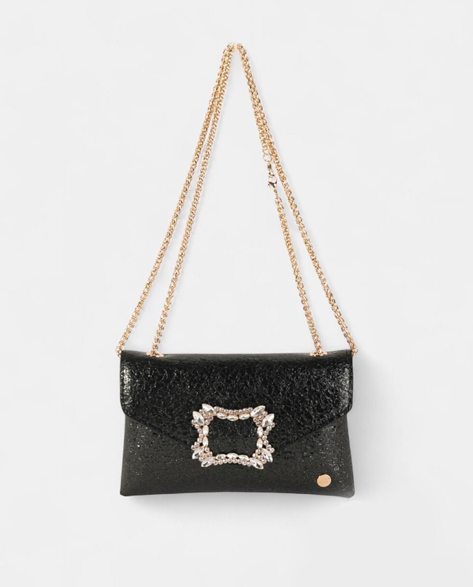 Mala Clutch de Festa Pequena, em Material Sintético Metalizado com Fecho de Cristais e Alça de Corrente Ajustável Preto-4