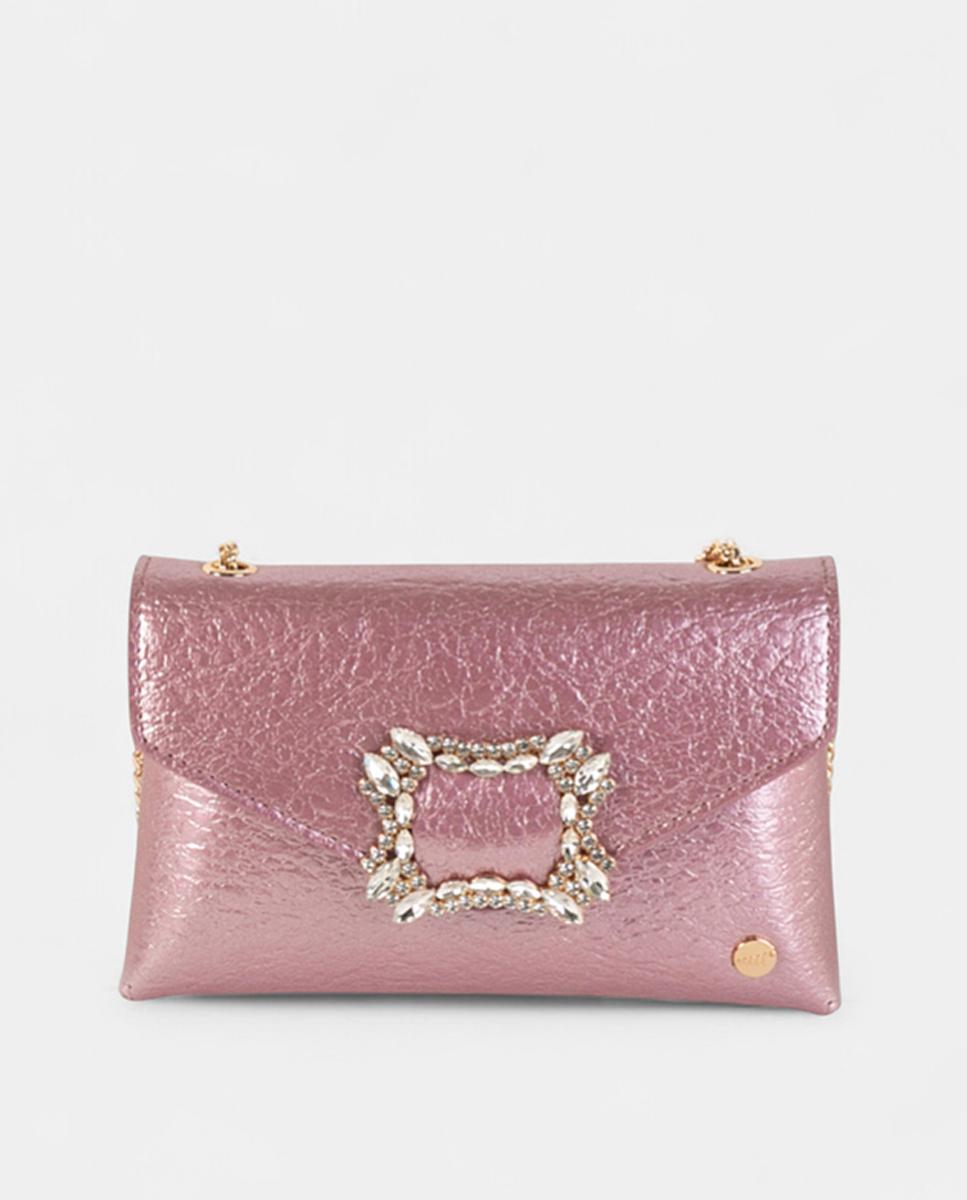 Mala Clutch de Festa Pequena, em Material Sintético Metalizado com Fecho de Cristais e Alça de Corrente Ajustável Rosa-1