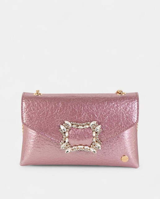 Imagem 0 de Mala Clutch de Festa Pequena, em Material Sintético Metalizado com Fecho de Cristais e Alça de Corrente Ajustável