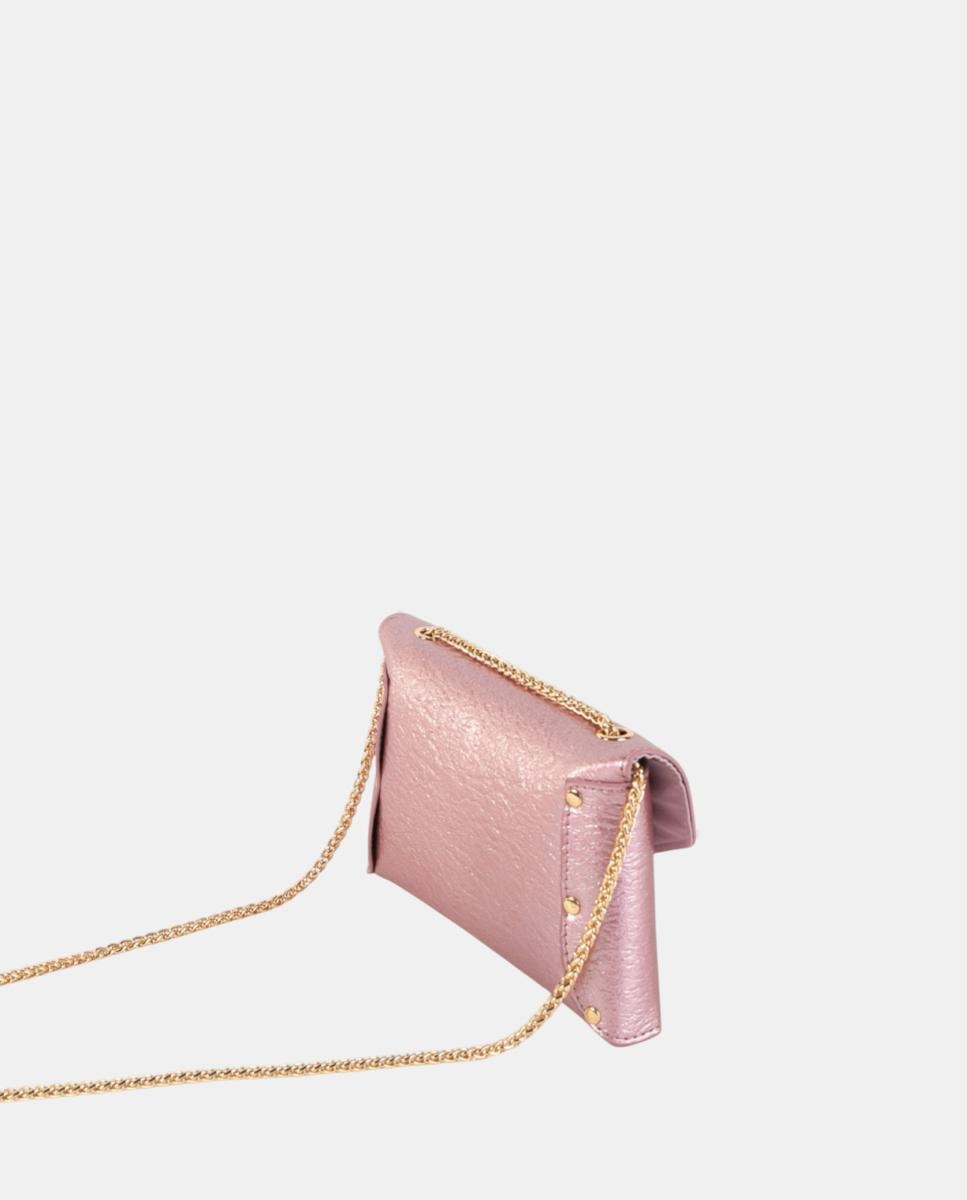 Mala Clutch de Festa Pequena, em Material Sintético Metalizado com Fecho de Cristais e Alça de Corrente Ajustável Rosa-2