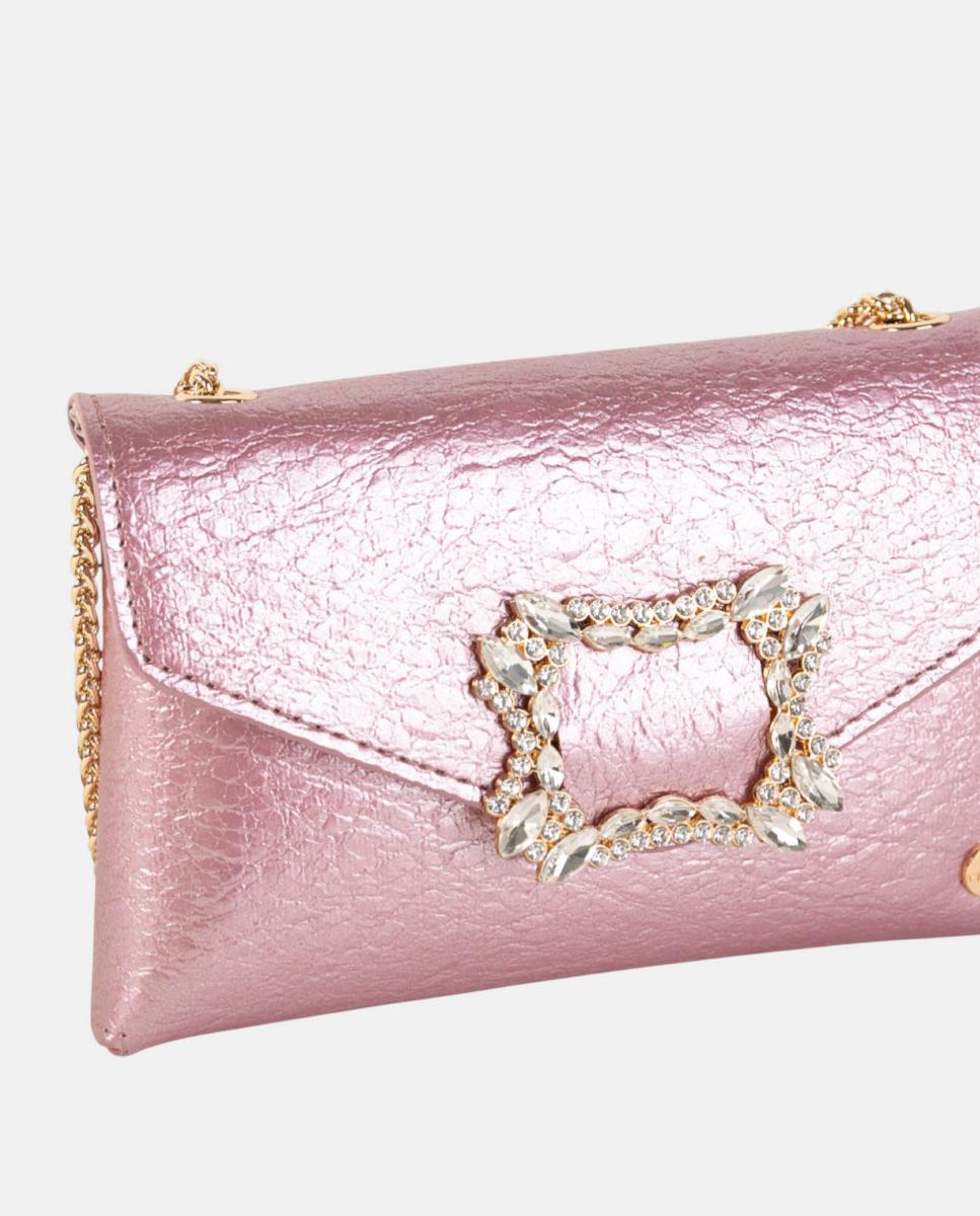 Mala Clutch de Festa Pequena, em Material Sintético Metalizado com Fecho de Cristais e Alça de Corrente Ajustável Rosa-3