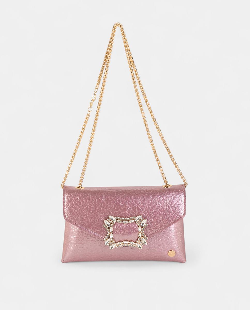 Mala Clutch de Festa Pequena, em Material Sintético Metalizado com Fecho de Cristais e Alça de Corrente Ajustável Rosa-4