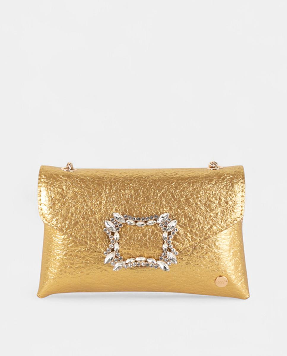 Mala Clutch de Festa Pequena, em Material Sintético Metalizado com Fecho de Cristais e Alça de Corrente Ajustável Ouro-1