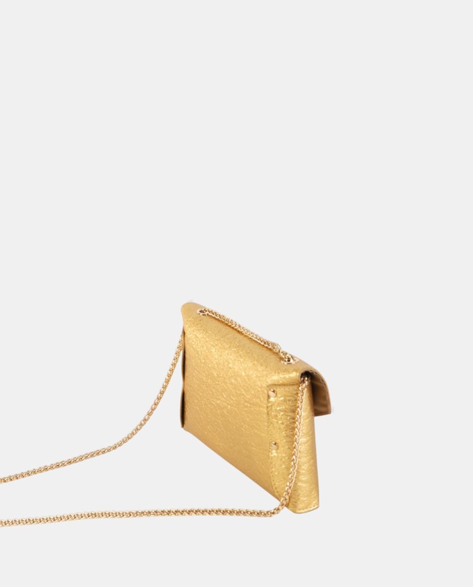 Mala Clutch de Festa Pequena, em Material Sintético Metalizado com Fecho de Cristais e Alça de Corrente Ajustável Ouro-2
