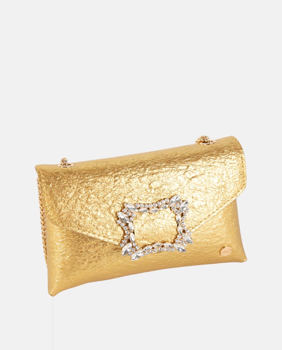 Mala Clutch de Festa Pequena, em Material Sintético Metalizado com Fecho de Cristais e Alça de Corrente Ajustável Ouro-3