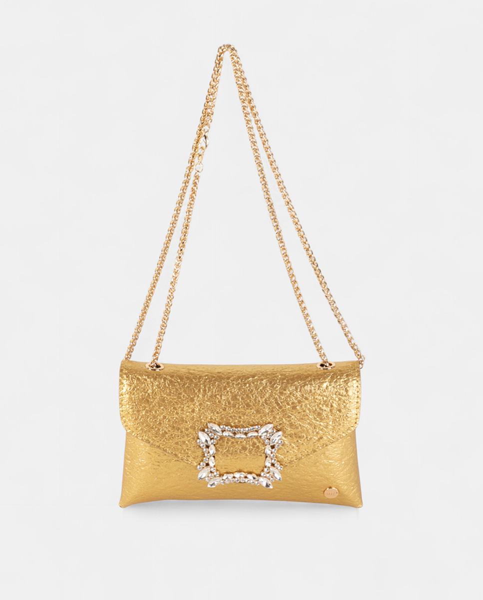 Mala Clutch de Festa Pequena, em Material Sintético Metalizado com Fecho de Cristais e Alça de Corrente Ajustável Ouro-4