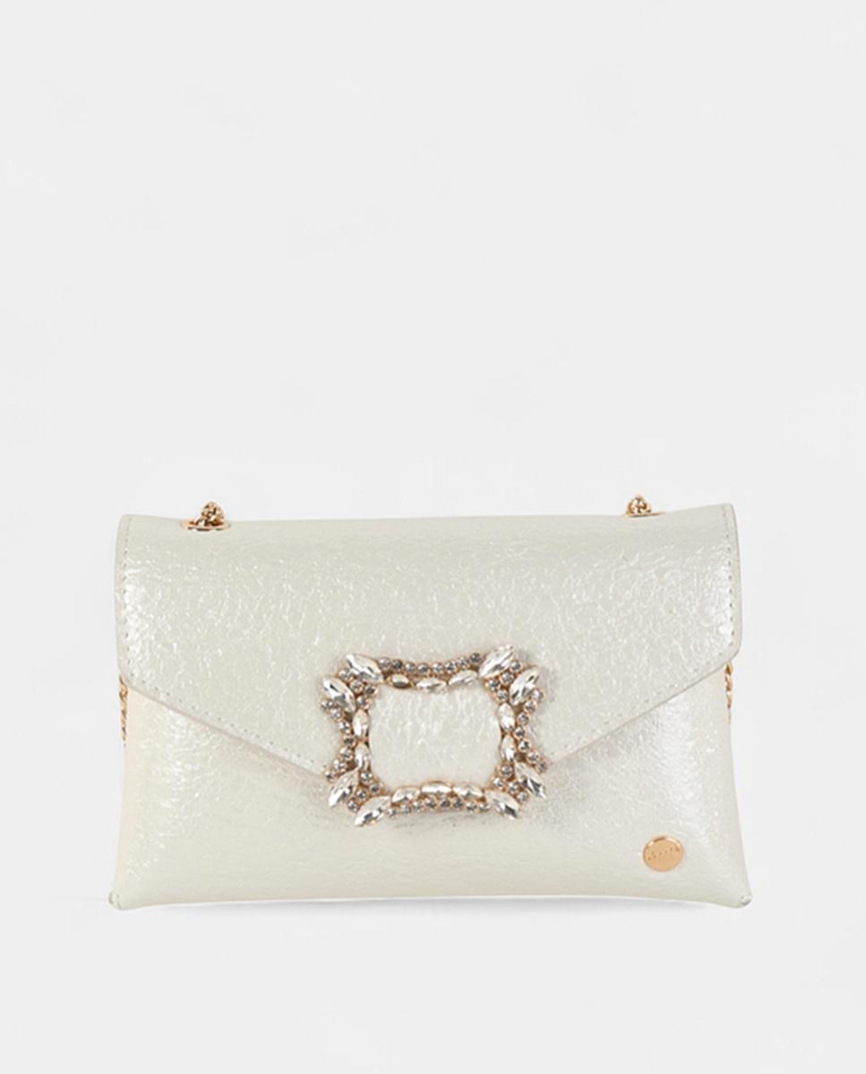 Mala Clutch de Festa Pequena, em Material Sintético Metalizado com Fecho de Cristais e Alça de Corrente Ajustável Branco-1