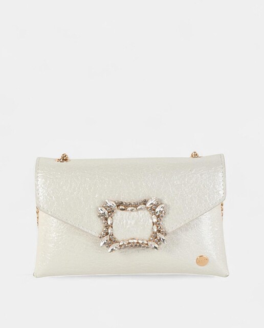 Imagem 0 de Mala Clutch de Festa Pequena, em Material Sintético Metalizado com Fecho de Cristais e Alça de Corrente Ajustável