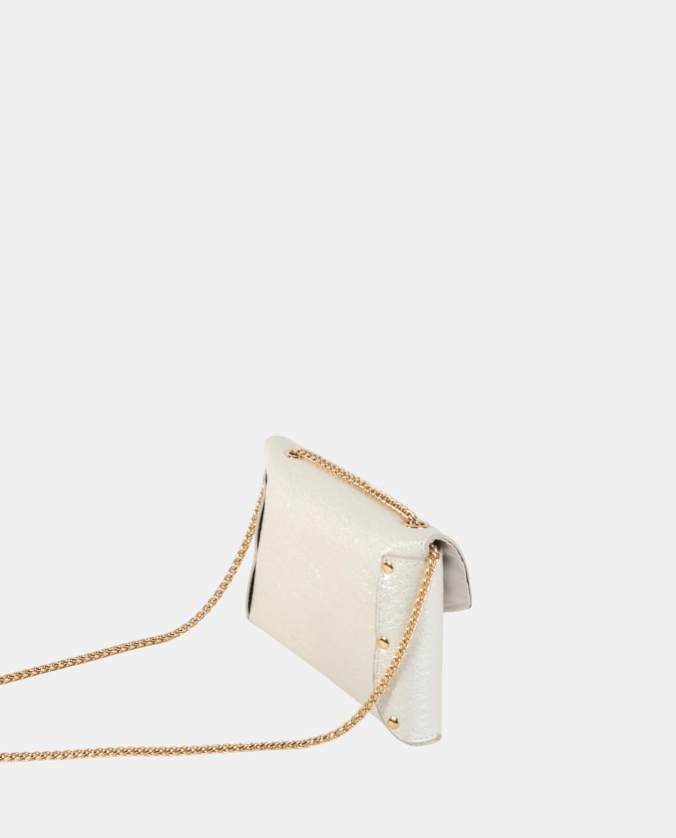 Mala Clutch de Festa Pequena, em Material Sintético Metalizado com Fecho de Cristais e Alça de Corrente Ajustável Branco-2