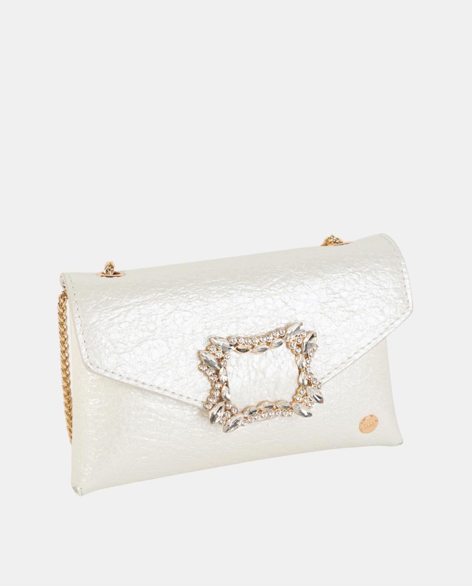 Mala Clutch de Festa Pequena, em Material Sintético Metalizado com Fecho de Cristais e Alça de Corrente Ajustável Branco-3