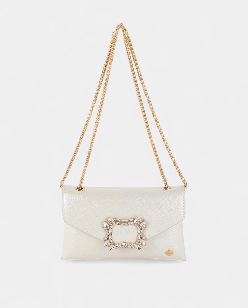 Mala Clutch de Festa Pequena, em Material Sintético Metalizado com Fecho de Cristais e Alça de Corrente Ajustável Branco-4