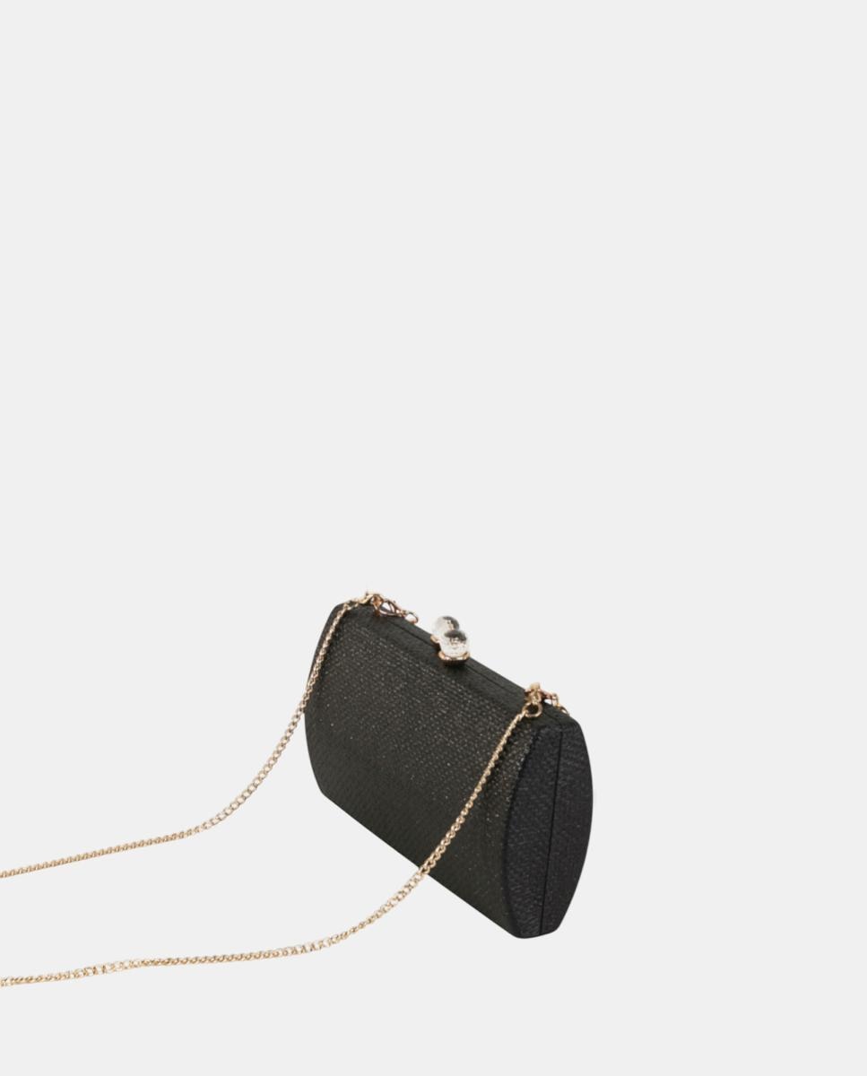 Mala Clutch de Festa Compacta e Rígida em Material Sintético Texturado com Corrente Metálica e Fecho de Joia Preto-2