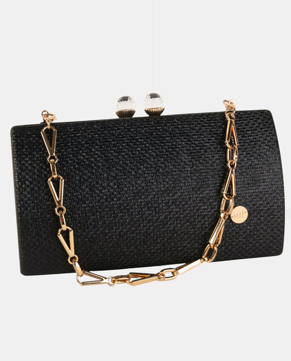 Mala Clutch de Festa Compacta e Rígida em Material Sintético Texturado com Corrente Metálica e Fecho de Joia Preto-3