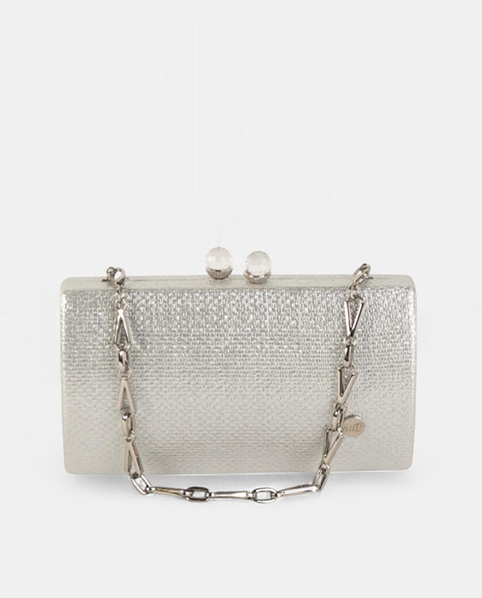 Mala Clutch de Festa Compacta e Rígida em Material Sintético Texturado com Corrente Metálica e Fecho de Joia Prata-1