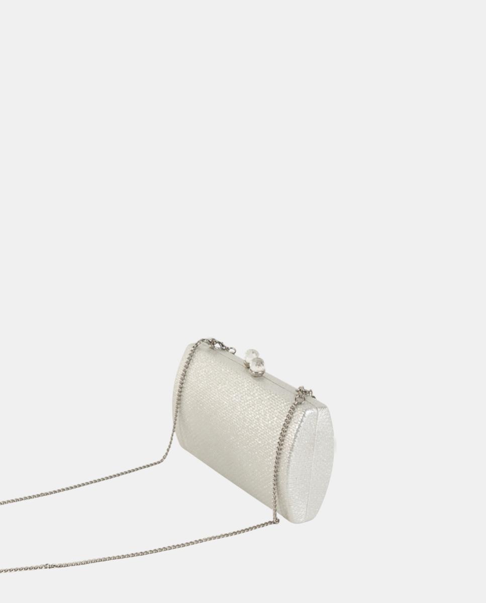 Mala Clutch de Festa Compacta e Rígida em Material Sintético Texturado com Corrente Metálica e Fecho de Joia Prata-2