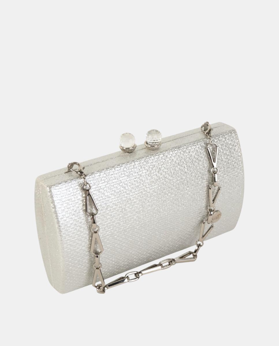 Mala Clutch de Festa Compacta e Rígida em Material Sintético Texturado com Corrente Metálica e Fecho de Joia Prata-3