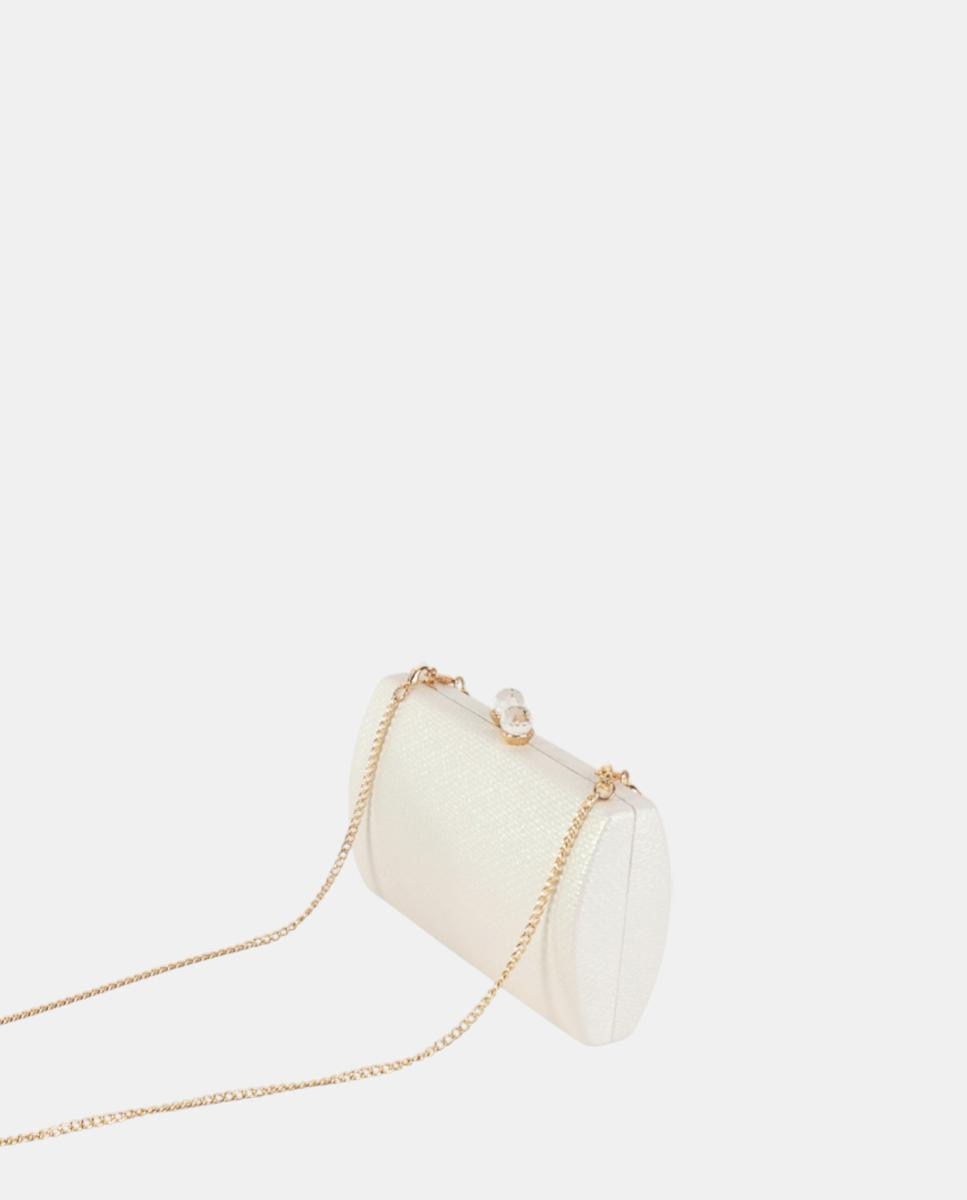 Mala Clutch de Festa Compacta e Rígida em Material Sintético Texturado com Corrente Metálica e Fecho de Joia Cru-2
