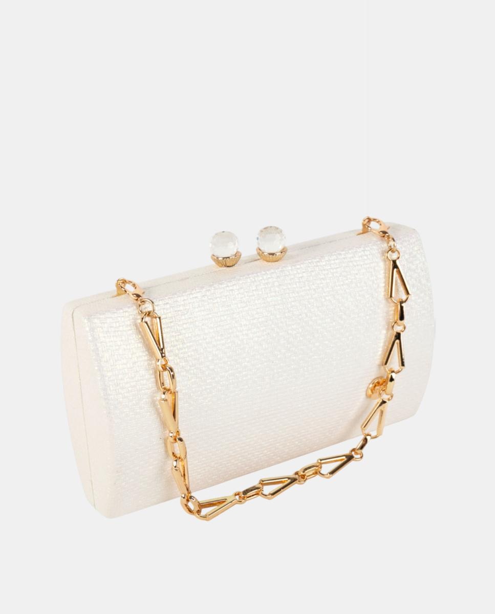 Mala Clutch de Festa Compacta e Rígida em Material Sintético Texturado com Corrente Metálica e Fecho de Joia Cru-3