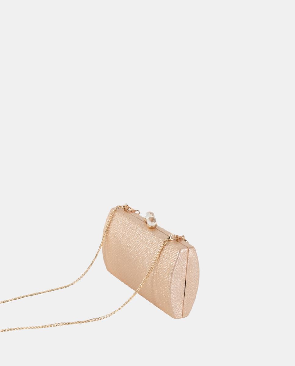 Mala Clutch de Festa Compacta e Rígida em Material Sintético Texturado com Corrente Metálica e Fecho de Joia Nude-2