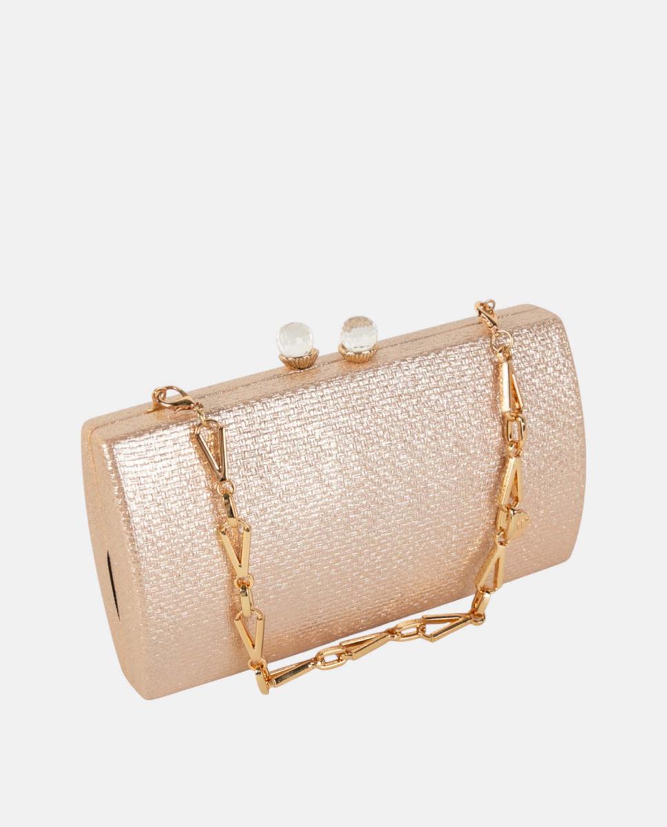 Mala Clutch de Festa Compacta e Rígida em Material Sintético Texturado com Corrente Metálica e Fecho de Joia Nude-3
