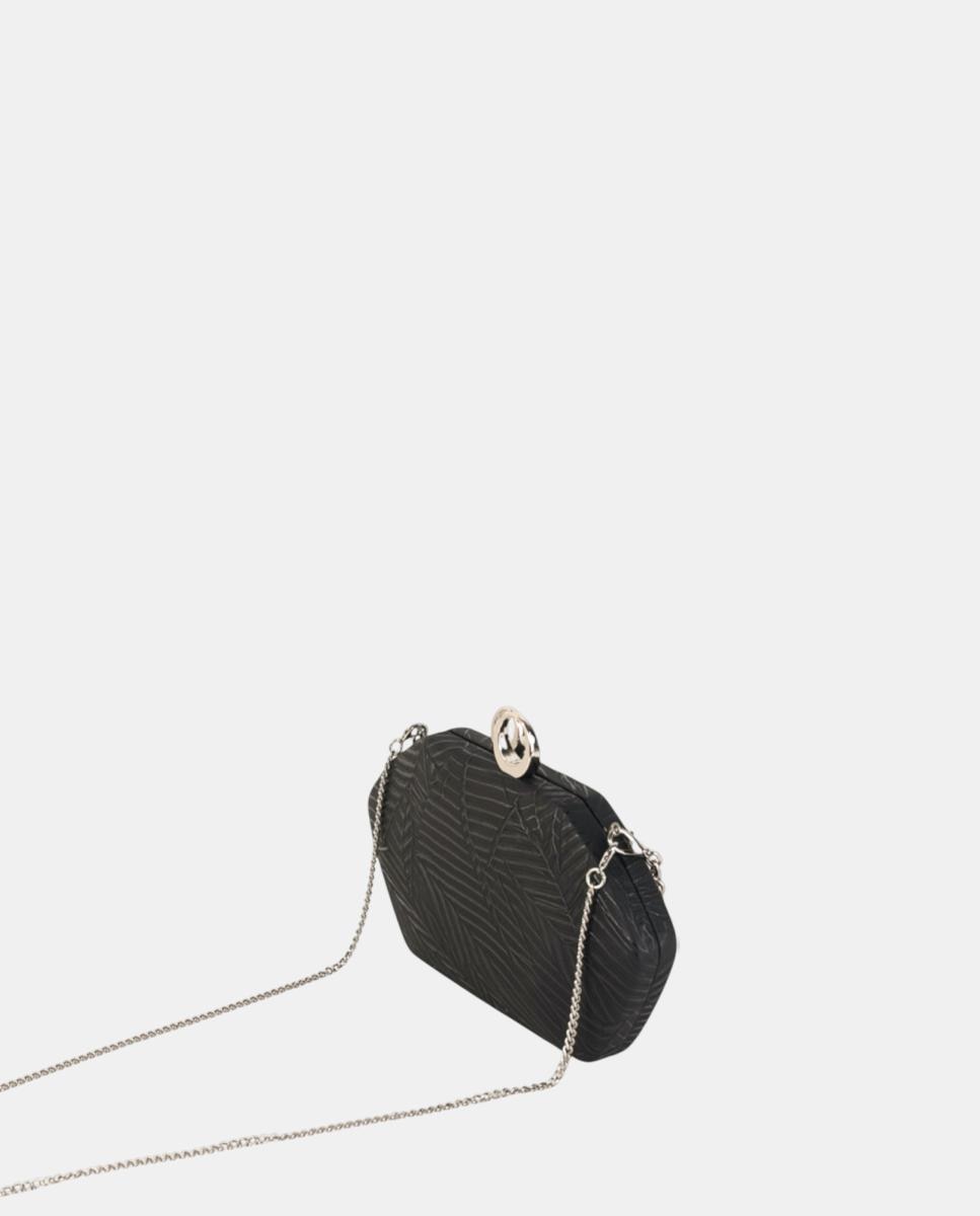 Mala Clutch de Festa Pequena, Compacta e Rígida em Material Sintético Texturado com Corrente Decorativa com Pérolas e Fecho Metálico Preto-2