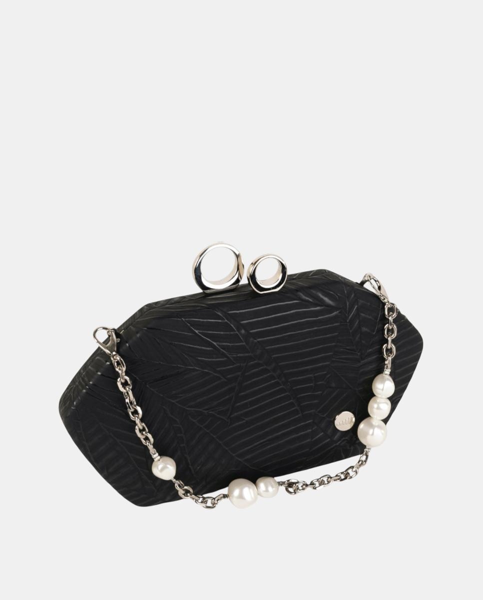 Mala Clutch de Festa Pequena, Compacta e Rígida em Material Sintético Texturado com Corrente Decorativa com Pérolas e Fecho Metálico Preto-3