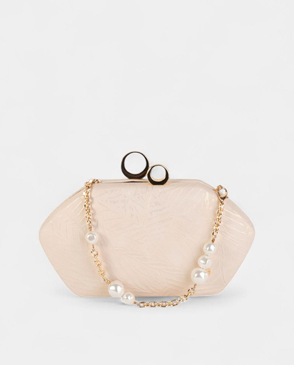 Mala Clutch de Festa Pequena, Compacta e Rígida em Material Sintético Texturado com Corrente Decorativa com Pérolas e Fecho Metálico Nude-1