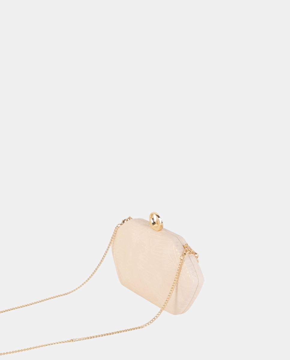 Mala Clutch de Festa Pequena, Compacta e Rígida em Material Sintético Texturado com Corrente Decorativa com Pérolas e Fecho Metálico Nude-2