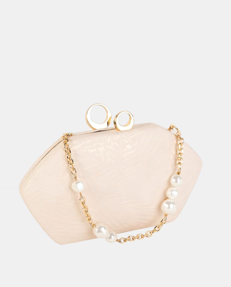 Mala Clutch de Festa Pequena, Compacta e Rígida em Material Sintético Texturado com Corrente Decorativa com Pérolas e Fecho Metálico Nude-3