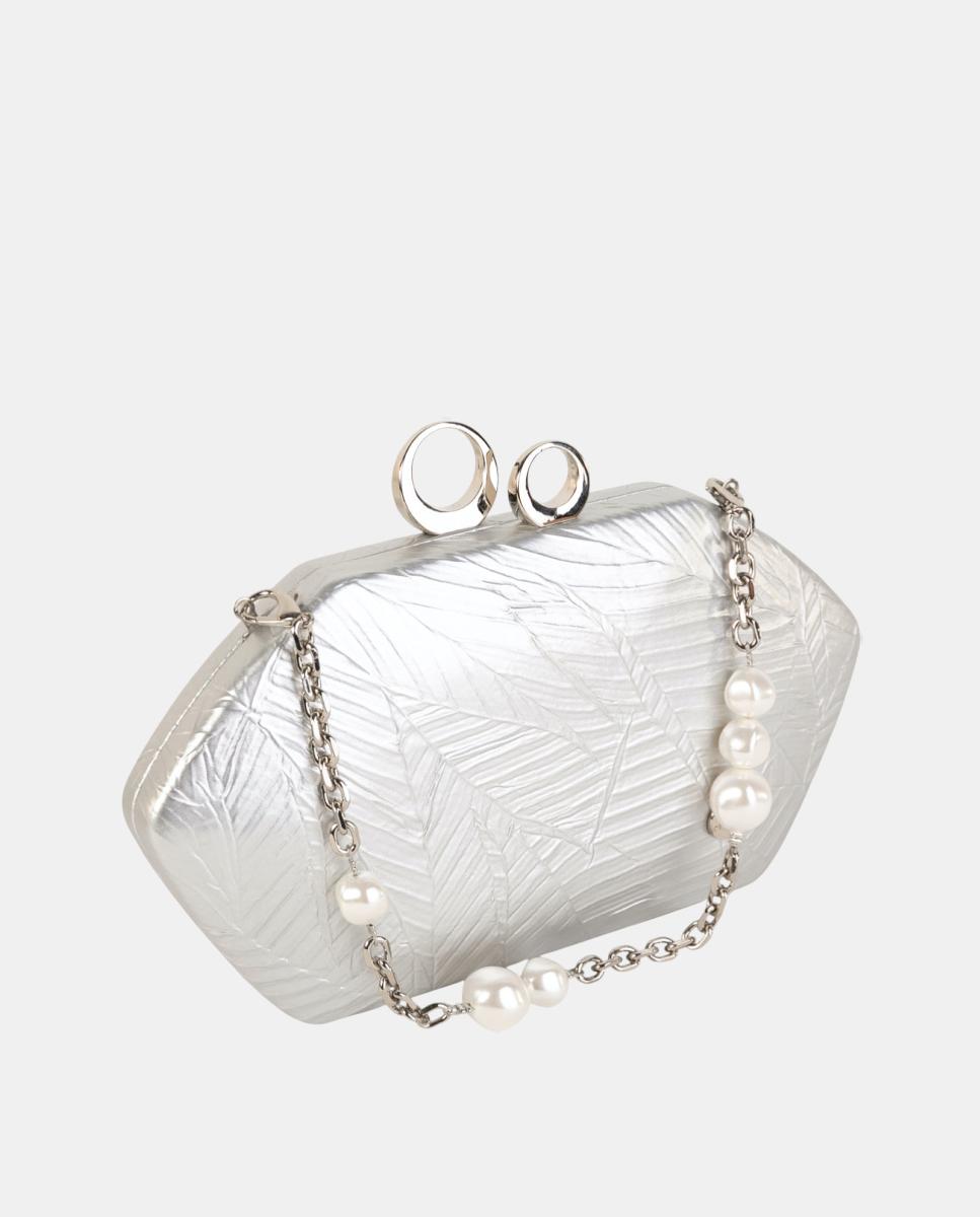 Mala Clutch de Festa Pequena, Compacta e Rígida em Material Sintético Texturado com Corrente Decorativa com Pérolas e Fecho Metálico Prata-2