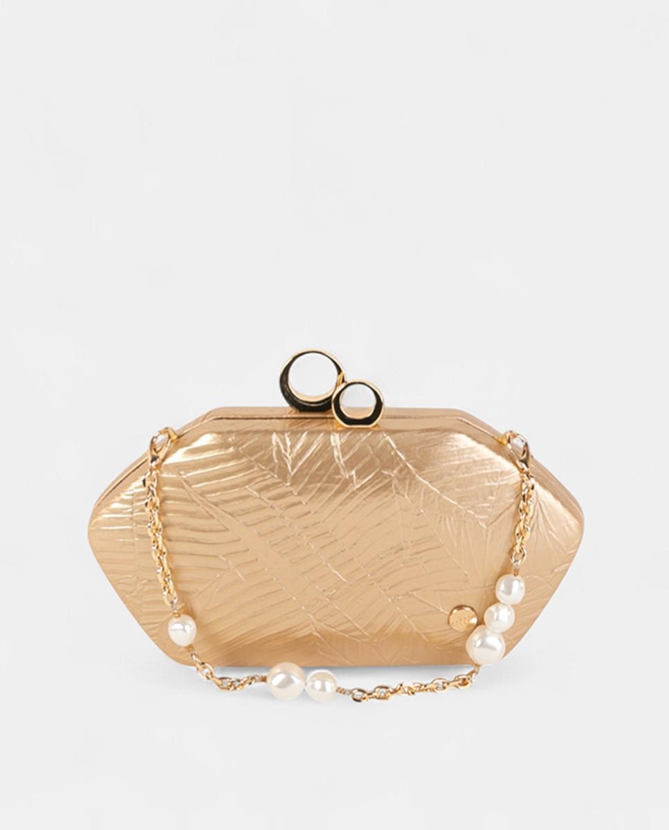 Mala Clutch de Festa Pequena, Compacta e Rígida em Material Sintético Texturado com Corrente Decorativa com Pérolas e Fecho Metálico Ouro-1