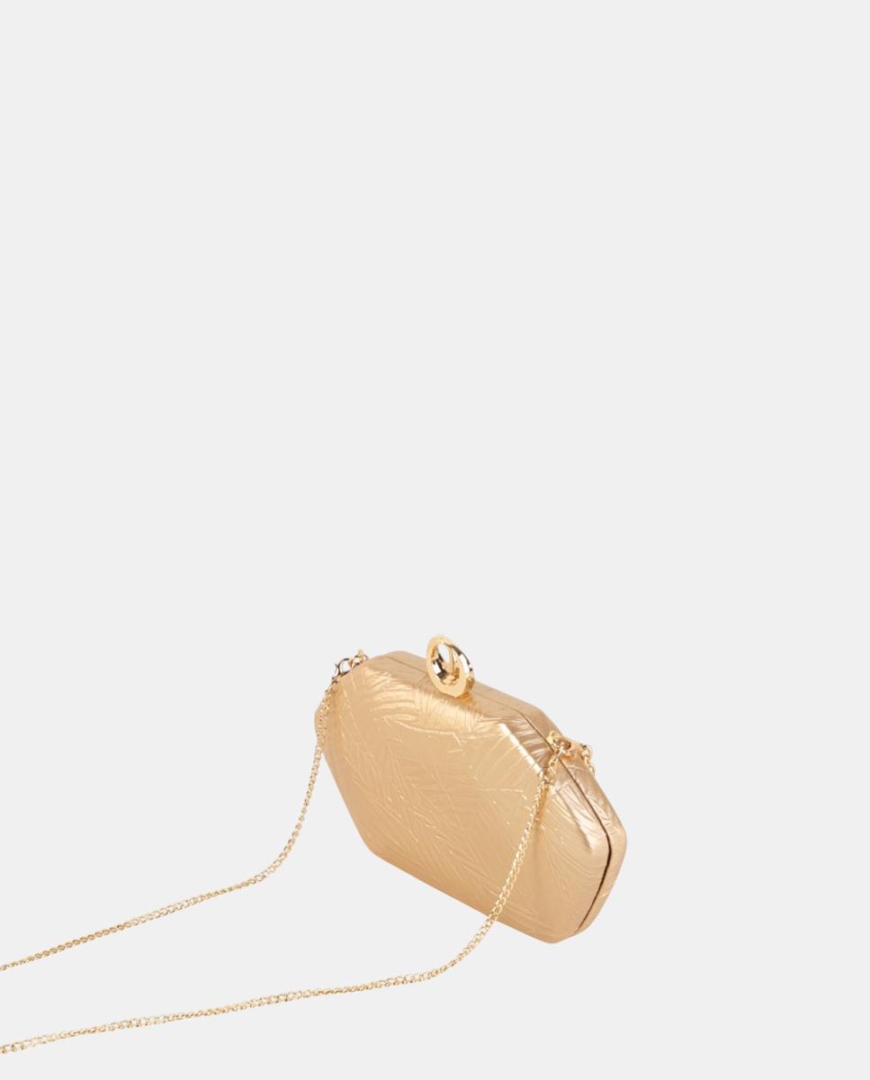 Mala Clutch de Festa Pequena, Compacta e Rígida em Material Sintético Texturado com Corrente Decorativa com Pérolas e Fecho Metálico Ouro-2