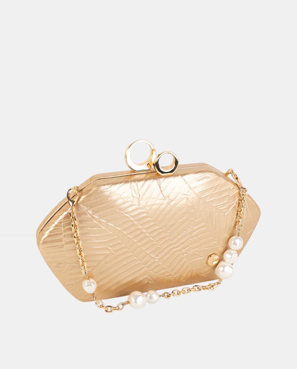 Mala Clutch de Festa Pequena, Compacta e Rígida em Material Sintético Texturado com Corrente Decorativa com Pérolas e Fecho Metálico Ouro-3