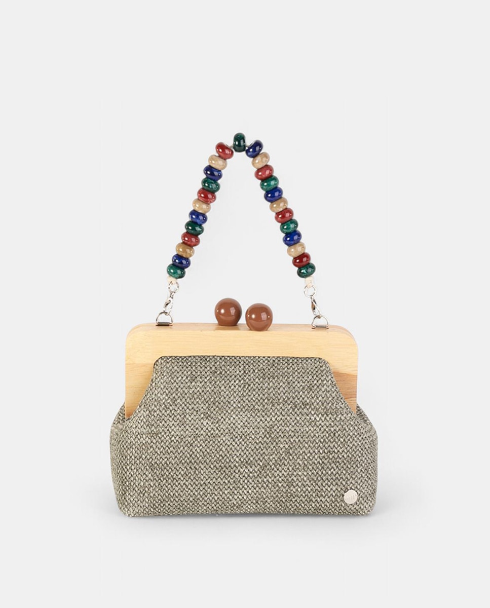 Imagem 0 de Mala Clutch Pequena em Tecido Entrançado com Fecho de Madeira e Alça de Contas